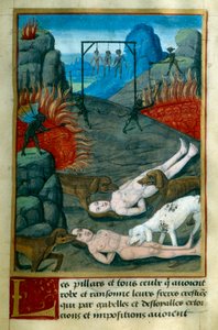 A pokolban a tolvajok és fosztogatók büntetése: felakasztják, elégetik és felfalják őket a kutyák. Miniatúra Jean Gerson (1363-1429) "Le Tresor de Sapience" című művéből 15. század Chantilly, Musee Conde alkotó: French School