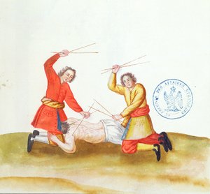 Büntetés botokkal, Voyage en Russie, 1731 (toll, tinta és WC papíron) alkotó: French School