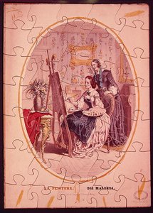 Rejtvénydarabok, amelyek egy festőállványra festő nőt ábrázolnak, 1840-50 körül (színes litó) alkotó: French School