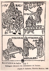 Pythagoras (Kr. e. 580-500) felfedezi az oktáv összhangját, Franchino Gaffurio Theorica Musicae című művéből, először 1480-ban, a Revue de lHistoire du Theatre-ből, 1959 (bw fotó alkotó: French School