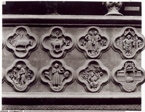 Négyszárnyúak az állatöv jegyeivel, az év munkásai, valamint Sophonie és Ezekiel prófétákkal, az amiens-i Notre-Dame katedrálisból (kőből öntött gipsz) alkotó: French School