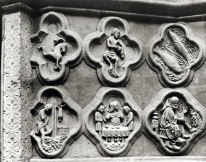 Négyszárnyúak az állatöv jegyeivel és az év munkásaival, az amiens-i Notre-Dame katedrálisból (kőből öntött gipsz) alkotó: French School