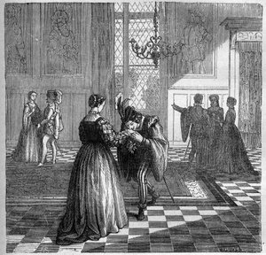 Margarita navarrai királynő (1492-1549) találkozik Pominivel. Dr. Th. „A prostitúció és a kicsapongás története a világ összes népe között az ókortól napjainkig” vésése. -F. Debray. 1879. alkotó: French School
