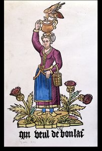 Aki jó tejet akar, tejeslány a Les Cris de Paris sorozatból, egy 1515-ös kiadás másolata alkotó: French School