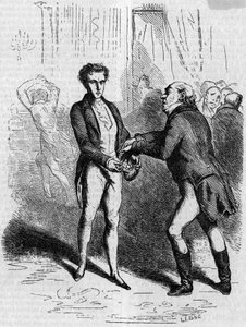 Rastignac szédülve hagyja, hogy a fehér hajú elvigyen tíz Louist. Metszet 19. század közepe. Illusztráció Honore de Balzac (1799-1850) „The Father Goriot”-hoz. alkotó: French School