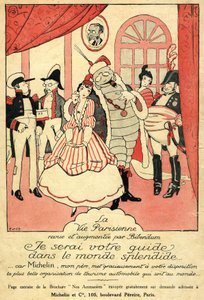 Visszahívás 1914 a Michelin gumiabroncshoz. A La Vie Parisienne átnézte és kiegészítette Bibendum: "Én leszek az Ön kalauza a csodálatos világban, mert Michelin apám a világ legszebb autós turisztikai szervezetét adja Önnek". A falon egy keretben alkotó: French School