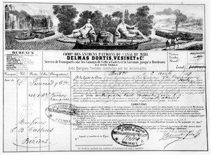 A Compagnie du Canal du Midi által kiállított bizonylat az áruk Bordeaux-ból Beziers-be történő szállításáról, 1857 (bw fotó a gravírozásról) alkotó: French School