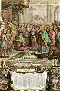 A nagy Achmet szultán török követének, Mehemet Effendinek a fogadása XV. Lajos által 1721. március 21-én a Tuileriákban. Metszet a 18. századból. Magángyűjtemény. alkotó: French School