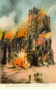 Reims, a németek által 1914. szeptember 19-én felgyújtott katedrális (színes litó) alkotó: French School