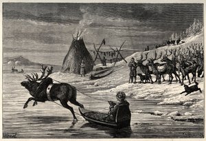 Rénszarvascsorda Lappföldön – metszet Arthur Mangin „A férfi és a bete” című művéből – 1872 alkotó: French School