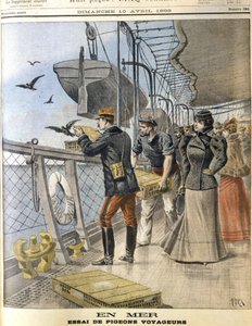 A francia hadsereg postagalambjait engedi szabadon a La Bretagne transzatlanti vonalon Le Havre és New York között alkotó: French School
