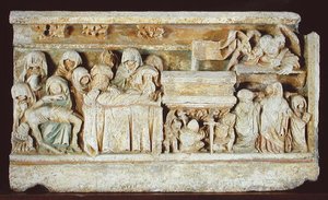 Jeleneteket ábrázoló dombormű Krisztus szenvedéséből: Pieta, a síremlék és a szent asszonyok a sírnál alkotó: French School