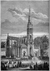 Vallási építészet: a Monfort le Retrou templom általános képe (ma Montfort le Gesnois in the Sarthe (72), avatásának napja 1858-ban. Moulin úr vázlatából. Metszet a „” Le Monde Illustré”-ban” n °77, 1858. október 2. alkotó: French School
