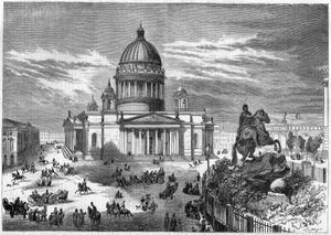 Vallási építészet: az oroszországi szentpétervári (Szentpétervár) ortodox Szent Izsák (1819-1858) templom képe, Ricard de Montferrand (1786-1858) építész tervei alapján. A jobb oldalon Péter lovas szobra látható alkotó: French School