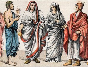 Vallási jelmezek az ókorban: a g a d-tól egy görög pap, áldozati lelkész, az ókori Róma nagy pápa (Pontifex maximus) portréja, egy vestal, az ókori Róma előnője és egy flamingó (flamen) római pap, aki egy ember imádatának szentelte magát. Isten alkotó: French School