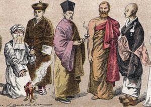 Ázsia vallási viseletei: g a d-tól Parsi pap (a parszizmus elemzője vagy követője), Láma (tibeti lelki tanítómester), kínai buddhista pap, ceyloni bonze és japán buddhista pap portréja - Gravírozás - Vallási viseletek Ázsiában: balról rig alkotó: French School