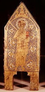 Szent Calminius ereklyetartó ládája, Szent Pál részlete karddal és könyvvel, Limoges (réz és champleve zománc) alkotó: French School
