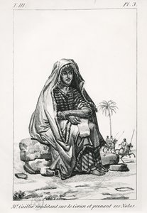 Rene Caille a Koránon töpreng és jegyzeteket készít Rene Caillie (1799-1838) Journal dun voyage a Tombouctou című folyóiratából, 1830