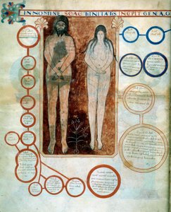 Ádám és Éva ábrázolása, a piros medálok Káin vonalát képviselik, amelyet a Beatus de Liebana szerzetes által 775-ben írt „Az apokalipszis Szent János szerint” című művéhez illusztráló miniatúra pusztított el. alkotó: French School