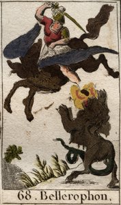 Bellerophon ábrázolása, Pegase lovaglása, a kiméra megölése (Bellerophon ábrázolása, a Pegasuson, a kiméra lándzsása). Pierre Blanchard „Az ifjúság mitológiájából” 1803-ból. alkotó: French School