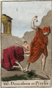Deucalion és Pyrrha ábrázolása, az egyetlen túlélő a Zeusz által az emberi fajt elpusztító özönvíz után. Themisz az özönvíz után arra kéri őket, hogy letakarva járják a fejüket, és maguk mögé dobják anyjuk csontjait (a Föld köveit) (Re) alkotó: French School