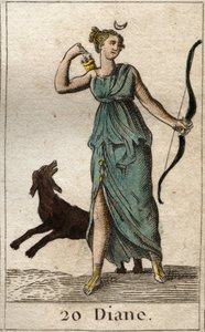 Diana, a vadászat istennője ábrázolása, íjat és nyilakat tart (Diana, a vadászat istennője ábrázolása). Pierre Blanchard „Az ifjúság mitológiájából”, 1803. alkotó: French School