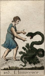 Az ártatlanság ábrázolása, mint egy gyermek, aki egy veszélyes kígyót etet. Pierre Blanchard „Az ifjúság mitológiájából” 1803-ból. alkotó: French School
