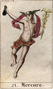 Merkúr, a kereskedelem istene, az utazás istene és más istenek hírnöke. Caduceust tart és petázót visel (Mercurius, a kereskedelem istene és a többi istenek hírnöke, caduceust tart, és petasót visel). Pierre Bla „Az ifjúság mitológiájából”. alkotó: French School