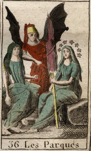 Parques (Szekrények), Clotho, Lachesis és Atropos, az emberi sors isteneinek ábrázolása a születéstől a halálig, mint nagyon idős, forgó nők. (Parcae, Clotho, Lachesis és Atropos, az emberi sors megszemélyesítője, forgó öregasszonyként ábrázolva). Tól től alkotó: French School