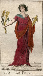 Béke ábrázolása, babérral koszorúzott nőként, kezében kéve. Pierre Blanchard „Az ifjúság mitológiájából” 1803-ból. alkotó: French School