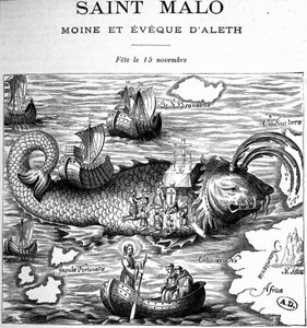 Saint Malo (Saint Maclou) ábrázolása egy bálna hátán, amelyet Clonfert Saint Brendan (Brandan) vagy Clonfert Breanainn (kb. 484-577/578) útján ábrázolt - metszet alkotó: French School