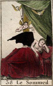 Az alvás ábrázolása, örök nyugalom a palotában, az álmok szárnyai közelében. (Somnus, az alvás istene, egy szárnyas álmokkal körülvett palotában alszik) Pierre Blanchard „Mythologie de la jeunesse” című művéből, 1803. alkotó: French School