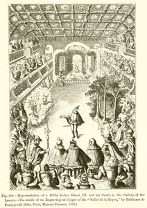 Egy balett ábrázolása III. Henrik és udvara előtt, a Louvre Galériában alkotó: French School