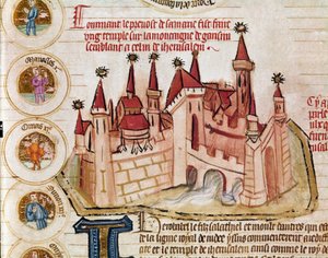 Egy Jeruzsálemhez hasonló erődített város ábrázolása Oldal a francia iskola "Genealogie de la Bible" című kéziratából. XIV. század Cremone, biblioteca governativa alkotó: French School