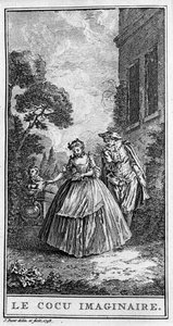 Jean Baptiste Poquelin dit Moliere (1622-1673) „Sganarelle ou le cuckold imaginaire” (1660) című darabjának egyik jelenete. Metszet 1738-ból. alkotó: French School