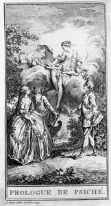 Jean Baptiste Poquelin dit Moliere (1622-1673) „Prologue de Psyche” című darabjának egy jelenetének ábrázolása. Metszet 1740-ből. alkotó: French School