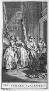 Jean Baptiste Poquelin dit Moliere (1622-1673) „Les femmes savantes” (1672) című darabjának egy jelenetének ábrázolása. Metszet 1740-ből. alkotó: French School