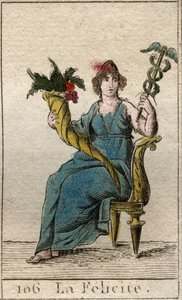 Felicity (vagy Eudemonia) istenségének ábrázolása, aki egyik kezével egy lombhullát, a másikkal a bőségszarut tart (A boldogság (boldogság) ábrázolása, caduceast és bőségszaruat tartó nőként). Pierre Blancha „Az ifjúság mitológiájából”. alkotó: French School
