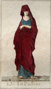 Szerénység istenségének ábrázolása, egy fiatal nő, akinek az arcát fátyol fedi. (A prudizmus ábrázolása, fátyolos arcú nőként). Pierre Blanchard „Az ifjúság mitológiájából” 1803-ból. alkotó: French School
