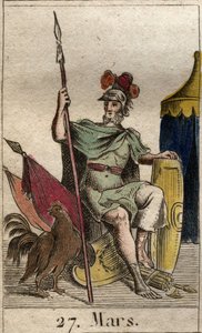 A háború istenének ábrázolása Mars, fegyver, kakas közelében. (A háború istene, Mars ménesszel felfegyverkezve). Pierre Blanchard „Az ifjúság mitológiájából” 1803-ból. alkotó: French School
