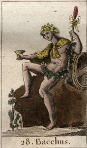 A bor és a szüret istenének ábrázolása, Bacchus, csészét tart a kezében. (A bor és a szőlő istene Bacchus egy csésze borral). Pierre Blanchard „Az ifjúság mitológiájából” 1803-ból. alkotó: French School