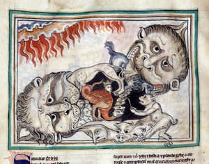 A 13. századi francia iskola által megvilágított „Cambrai apokalipsziséből” átvett, átkozott miniatűr alvilág lényeinek ábrázolásai. Ms. 422. Városi Könyvtár, Cambrai alkotó: French School
