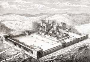 A helyreállított Második Templom, amely Salamon templomát váltotta fel, Jeruzsálem, a Les Merveilles de la Science, 1870-es kiadásból. alkotó: French School