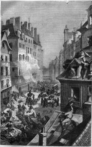 1830-as forradalom: harc a faubourg-i Saint Antoine-ban. Metszet a „Pápák-királyok-királynők és császárok története az évszázadokon keresztül” című könyvébe, Maurice Lachatre alkotó: French School