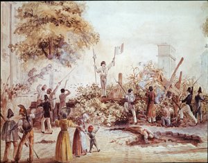 Júliusi forradalom Párizsban – Barikád a Boulevard Saint Martinban augusztus 1-jén (akvarell, 1830 körül) alkotó: French School