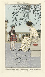 Fehér Crépon ruha sárga pöttyökkel - Lányruha cseresznyés és zöld tartánból, a Costumes Parisien, pub.1913-ból (sablonnyomat) alkotó: French School