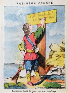 Robinson Crusoe megírja a hajótörés dátumát alkotó: French School