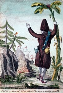 Robinson Crusoe tüzet gyújt, hogy felhívja a figyelmet szigetére, Imagerie Basset (színes metszet) alkotó: French School