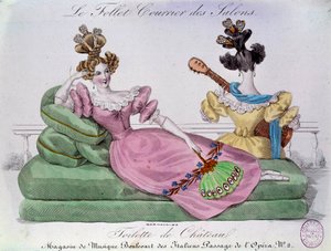 Romantikus divat: Chateau WC. Két nő extravagáns frizurával egy szendvicsen. századi metszet. Párizs, Musee Carnavalet alkotó: French School