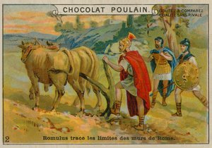 Romulus meghatározza Róma határait, Chocolat Poulain kereskedelmi kártya